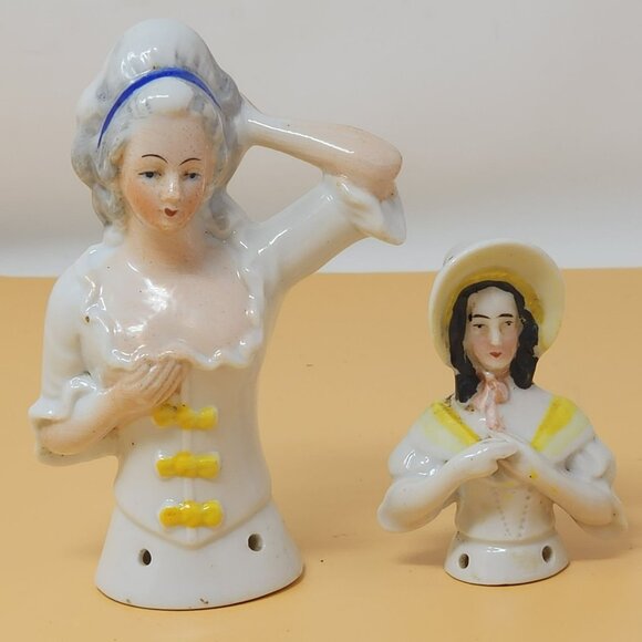 Vintage 2 German Porcelain Half Doll Figurines 1920s Pincushion Germany - Picture 1 of 11